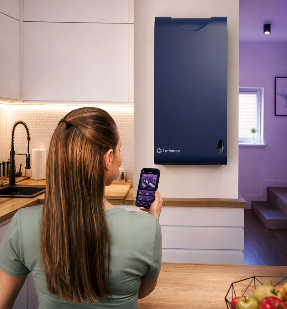 A woman checks her smartphone to monitor the status of her smart water heater at home.